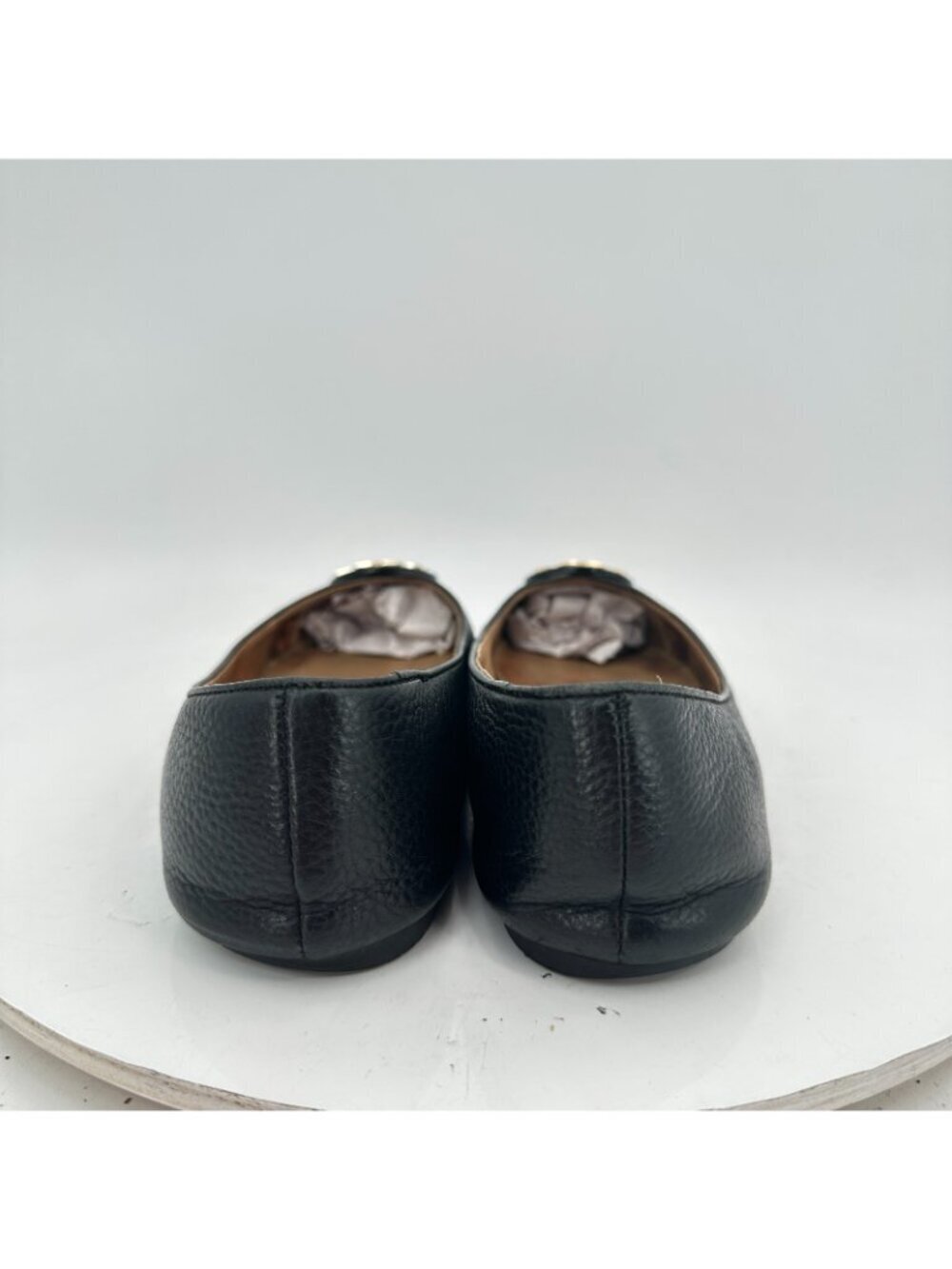Tory Burch Claire Women Size 7 Black Leather Gold Logo Ballerina Flat Shoes - Picture 5 of 10